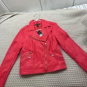 NWT Women's INC Faux Leather Moto Jacket Hibiscus Bloom